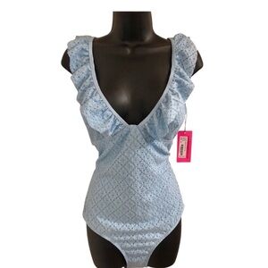 Betsey Johnson Clear sky blue 1piece Ruffle strap eyelet Swimsuit size‎ medium